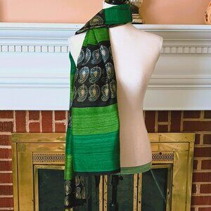 Fab India Green Paisley Shawl 75 x 23 Color Block Tassel Stole Wrap Scarf